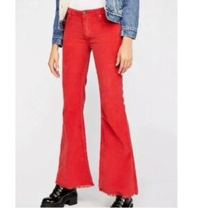 We The Free Red Corduroy Flare Pants Raw Hem Boho Unique Jean Women Size 27 (4)